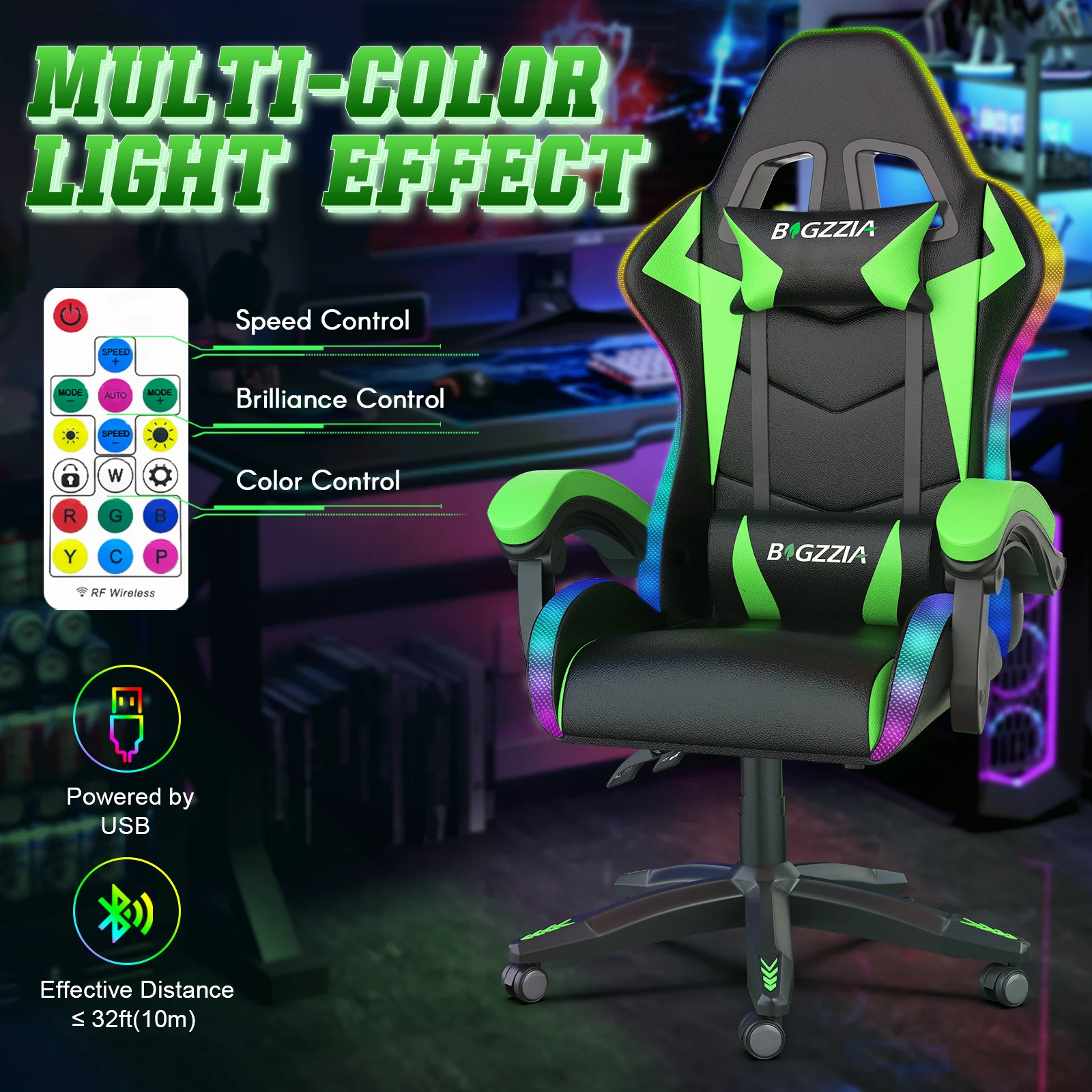Bigzzia Gaming Chair with LED Lights Ergonomic Office Chair for Adults and Kids - Adjustable Height, 360�� Swivel, Headrest Support, Mesh PU Leather, Black & Green