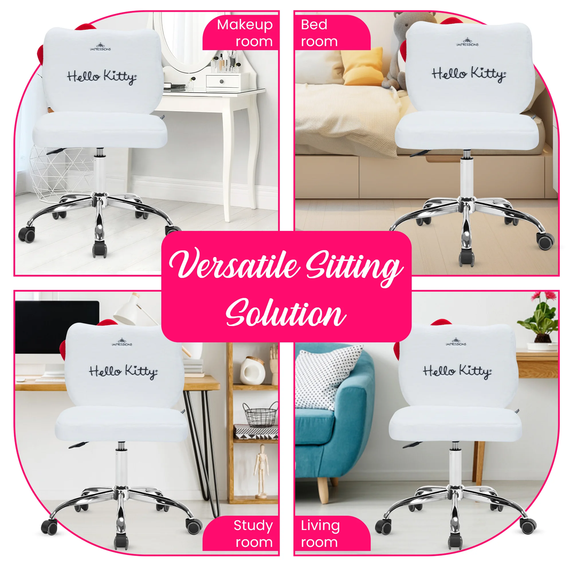 Impressions Vanity Hello Kitty Teddy Swivel Vanity Chair, Desk Chair with Adjustable Height (White)