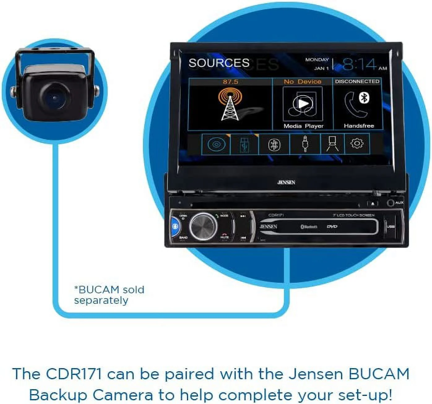 JENSEN CDR171 7 inch Single DIN Car Stereo Radio | AM/FM Motorized Flip Out LED Media Touch Screen