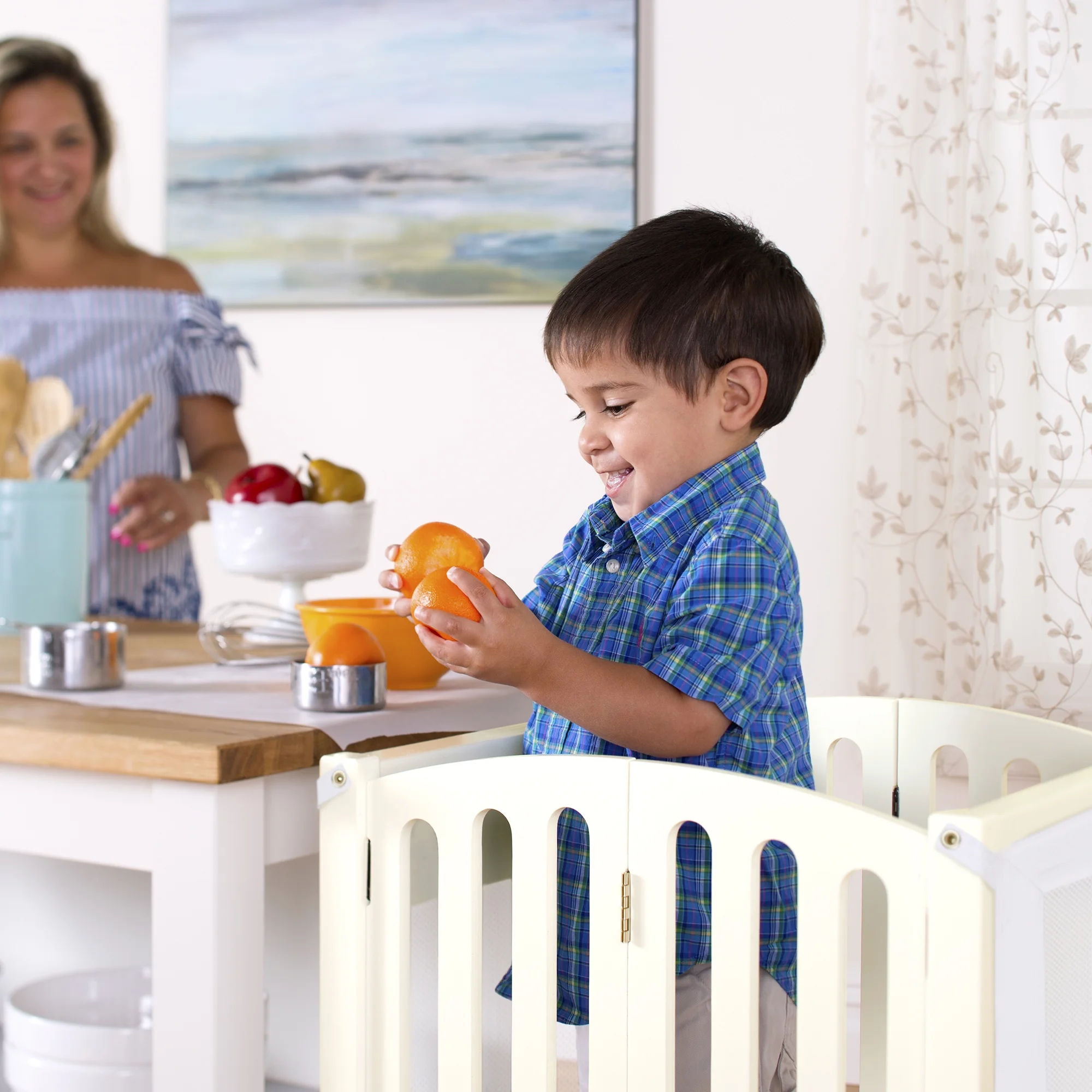 Guidecraft Contemporary Kitchen Helper Step Stool - White: Adjustable, Folding Montessori Toddler Tower - Safety Learning Furniture