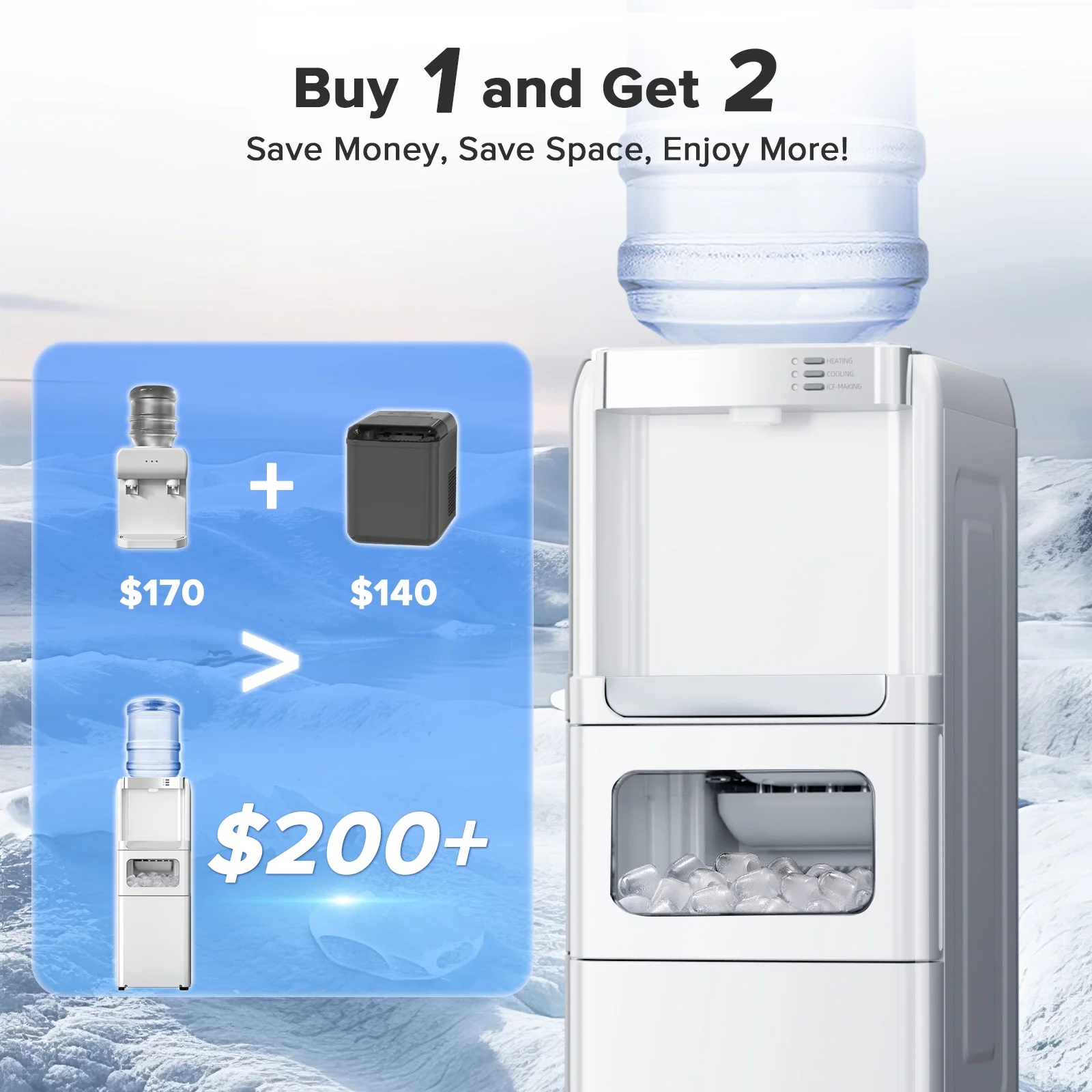 LHRIVER 2-5 Gallon Water Dispenser & 6-Min Ice Maker, 3-in-1 Hot/Cold/Ice, Child Lock & Energy-efficient, for Home/Office, Black