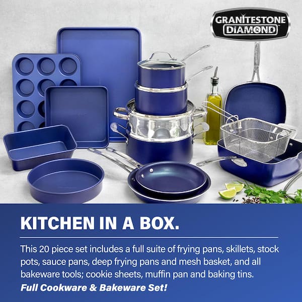 Classic Blue 20-Piece Aluminum Ultra-Durable Non-Stick Diamond Infused Cookware and Bakeware Set