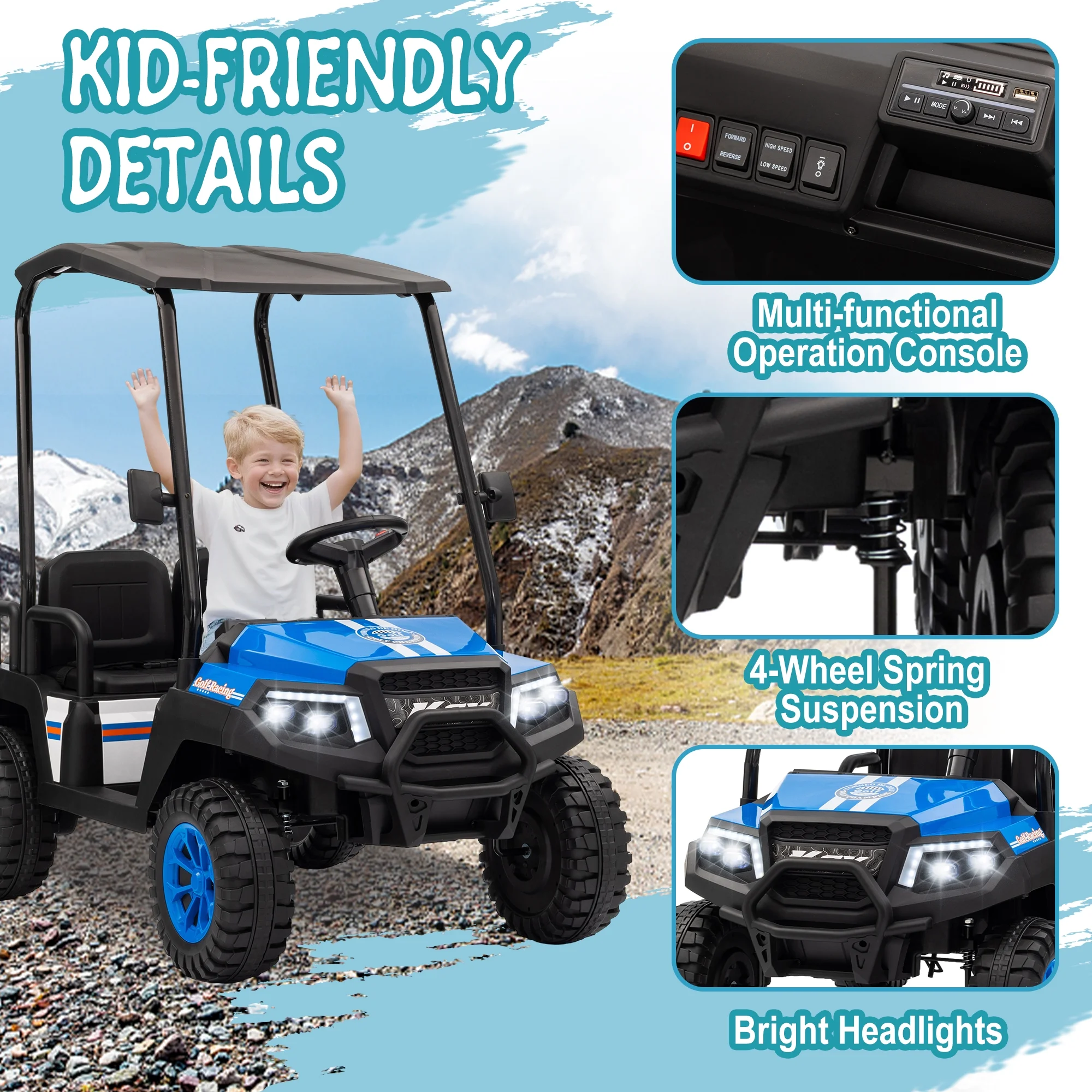 24V XL Kids Ride on Golf Cart, Electric Car w/Remote Control, Detachable Awning, 4 Seats, 3 Speeds, LED Lights, Spring Suspension, Bluetooth, Audio, Blue