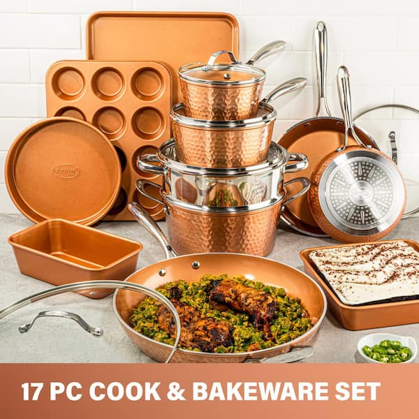 Hammered Copper 17-Piece Aluminum Nonstick Cookware Set
