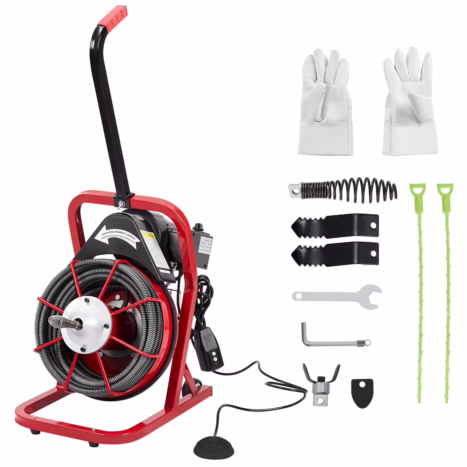 Electric Drain Cleaning Machine , Powerful Electric Auger, Sewer Snake with 4 Cutters, Air-Activated Foot Switch, and Wheels