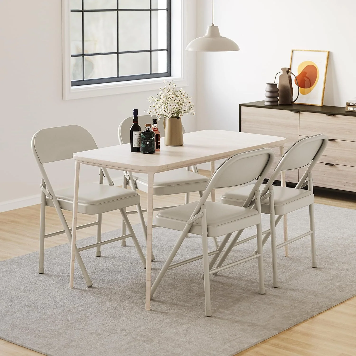 HOMEFAN Folding Chairs Set of 4, PU Upholstered Foldable Chairs with Metal Frame Hold Up to 350 Pounds for Dining Room, Living Room, Office, Beige