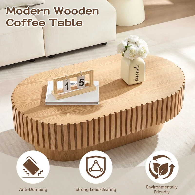 FFH 43.7 inch Oval Coffee Table for Living Room,Handcraft Rustic Corner Coffee Table Nature Wood Relief Sturdy Pedestal for Apartmen,Side Table Centre Table,Nature Wood