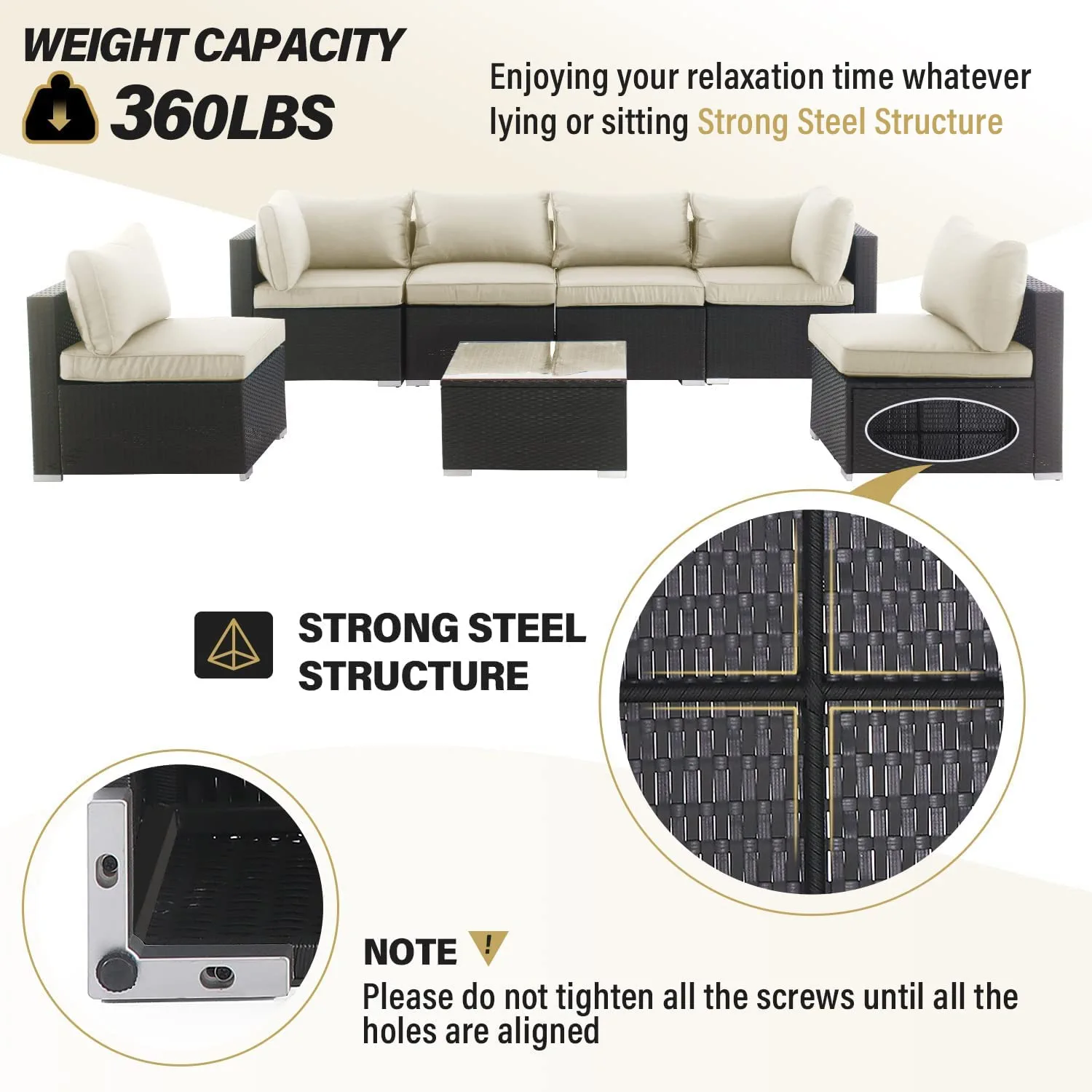 LAUSAINT HOME 7 Pieces Patio Conversation Set, Outdoor Sectional PE Rattan Wicker Furniture Seat (Beige)