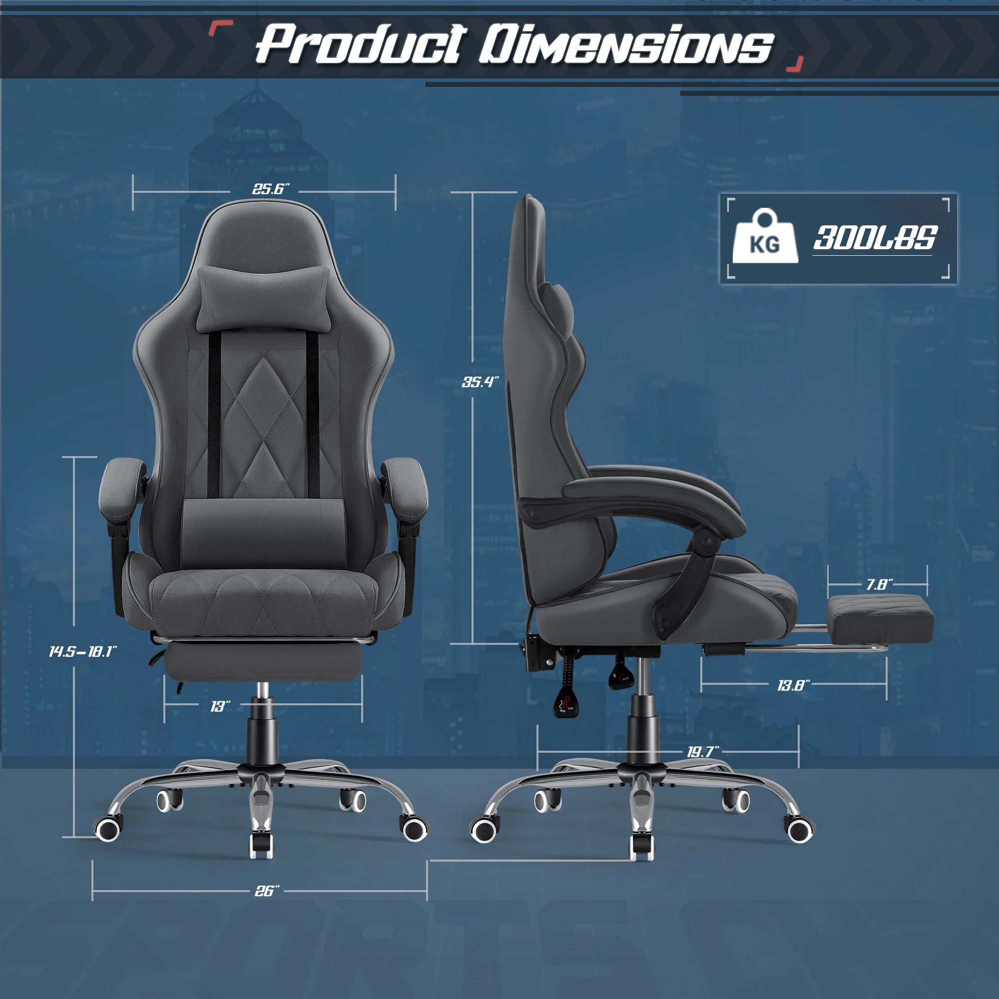 Homall Gaming Chair Fabric Computer Chair Massage Game Chair Cloth Office Chair with Headrest, Lumbar Support & Footrest,Gray