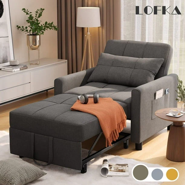 Lofka Chair Bed, Convertible Sofa Bed Couch Recliner Single Bed for Living Room/Office/Bedroom, Light Gray