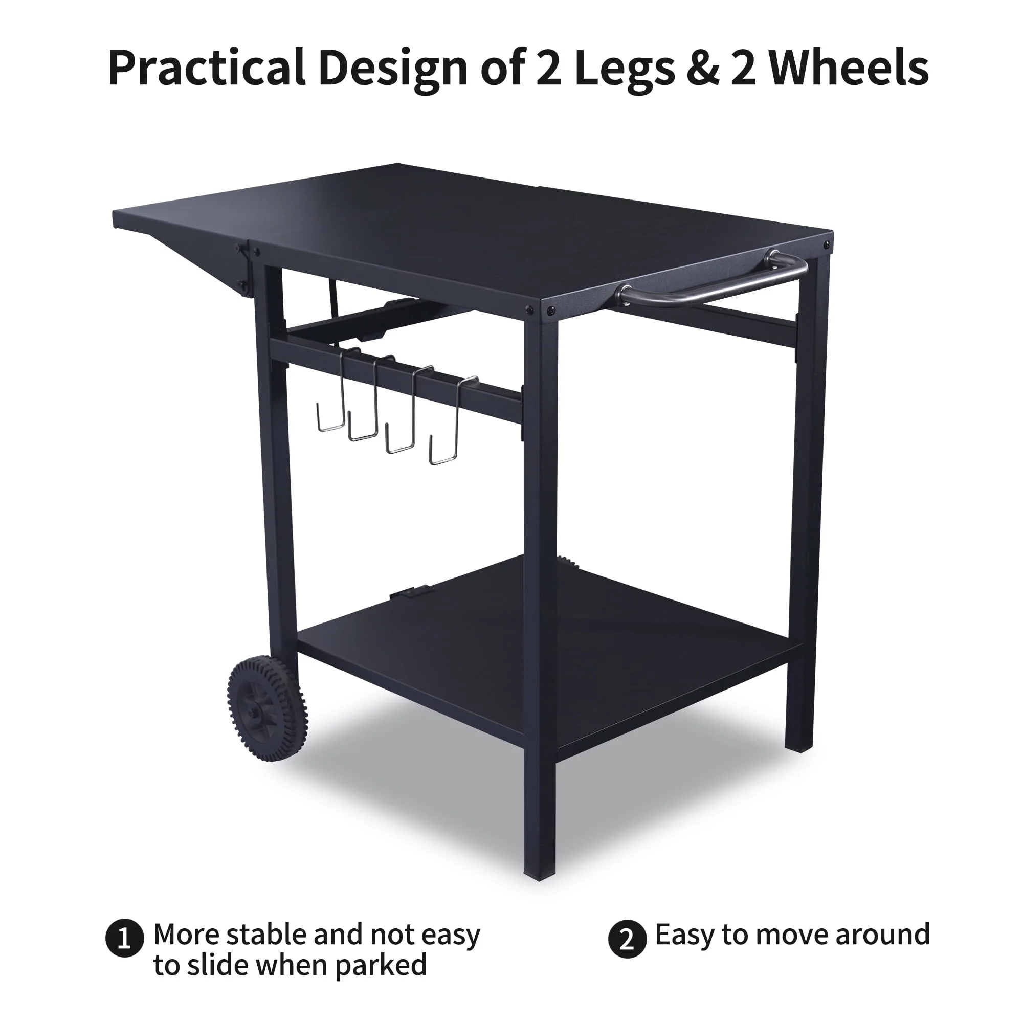 Pizzello Outdoor Grill Pizza Oven Food Prep Bbq Cart Stand Table with Storage Wheels Expandable Countertop, Black