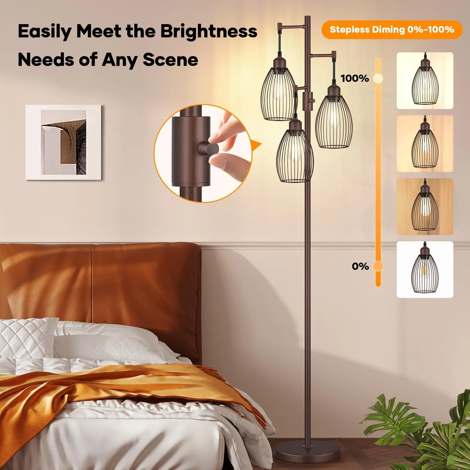 Dimmable Floor Lamp, 3 x 800LM LED Edison Bulbs Included, Farmhouse Industrial Floor Lamp Standing Tree Lamp with Elegant Teardrop Cage Tall Lamps for Living Room Bedroom Office Dining Room