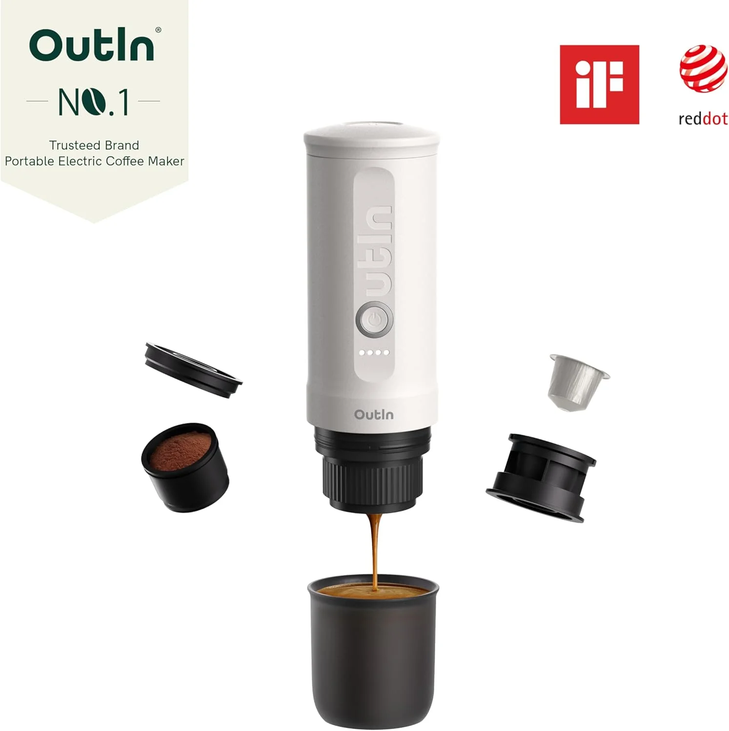 OutIn Nano Portable Electric Espresso Machine, Travel Coffee Maker for Camping, Car Coffee Maker Self-Heating with USB-C, With Ground Coffee & NS Capsule for RV, Hiking, Office