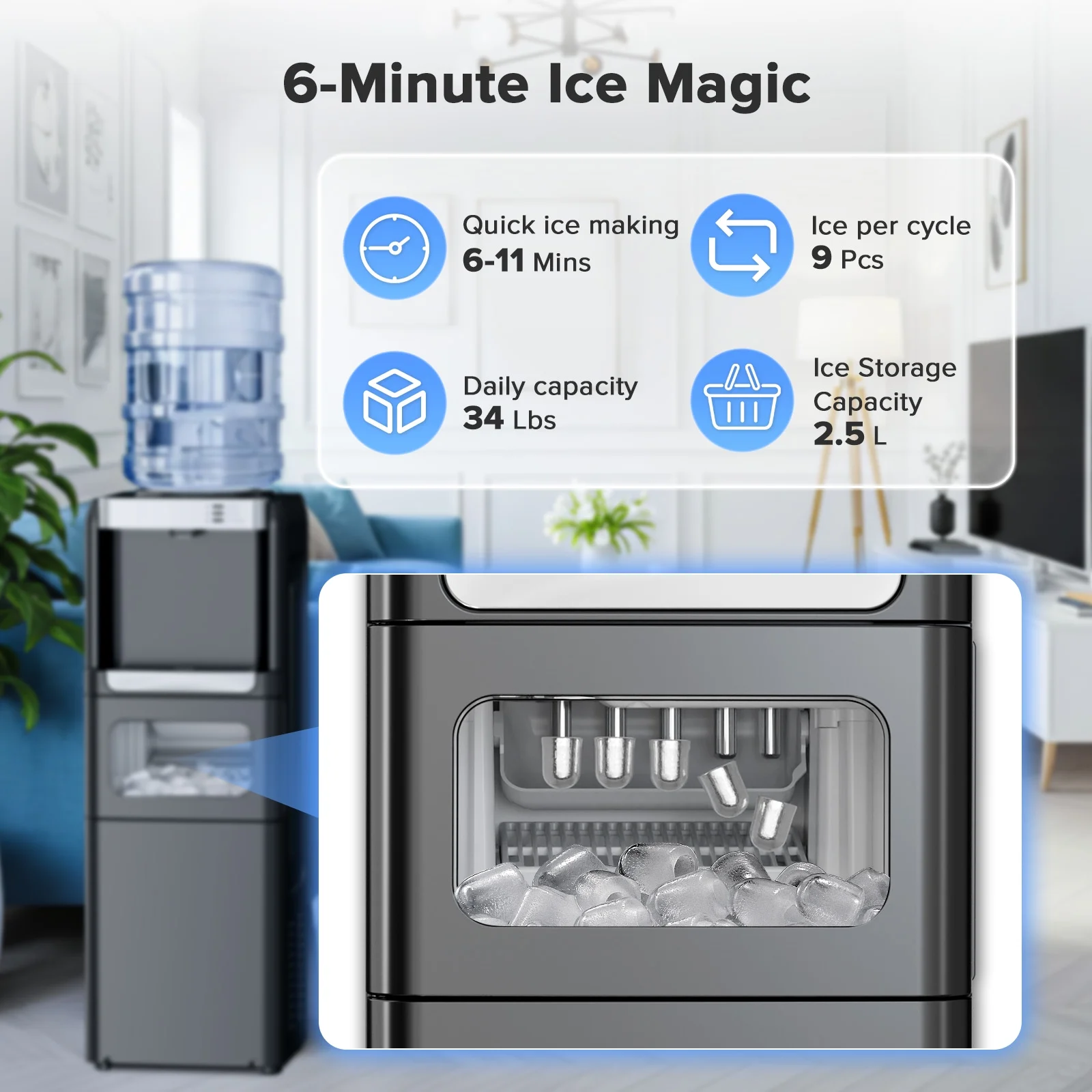 LHRIVER 2-5 Gallon Water Dispenser & 6-Min Ice Maker, 3-in-1 Hot/Cold/Ice, Child Lock & Energy-efficient, for Home/Office, Black