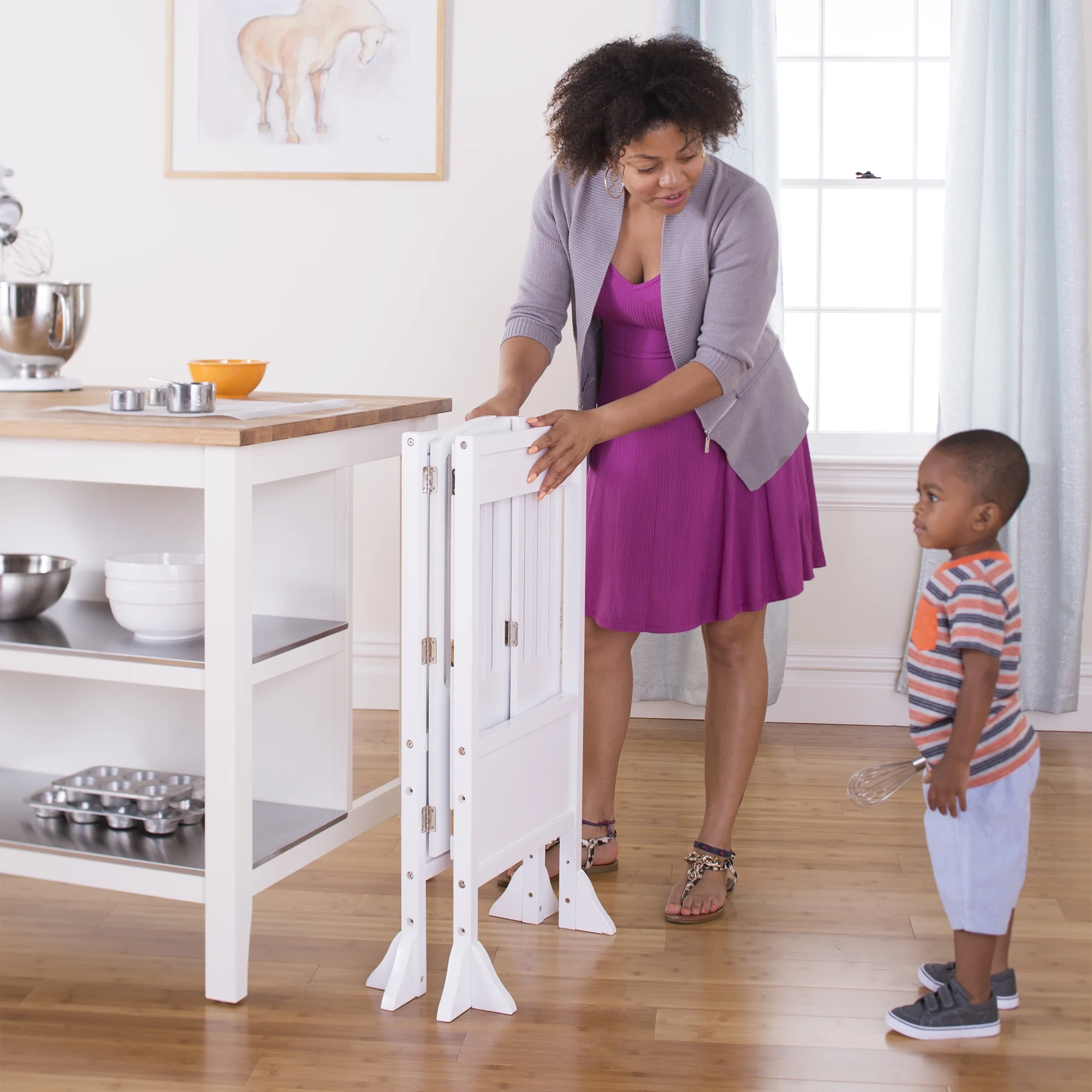 Guidecraft Contemporary Kitchen Helper Step Stool - White: Adjustable, Folding Montessori Toddler Tower - Safety Learning Furniture