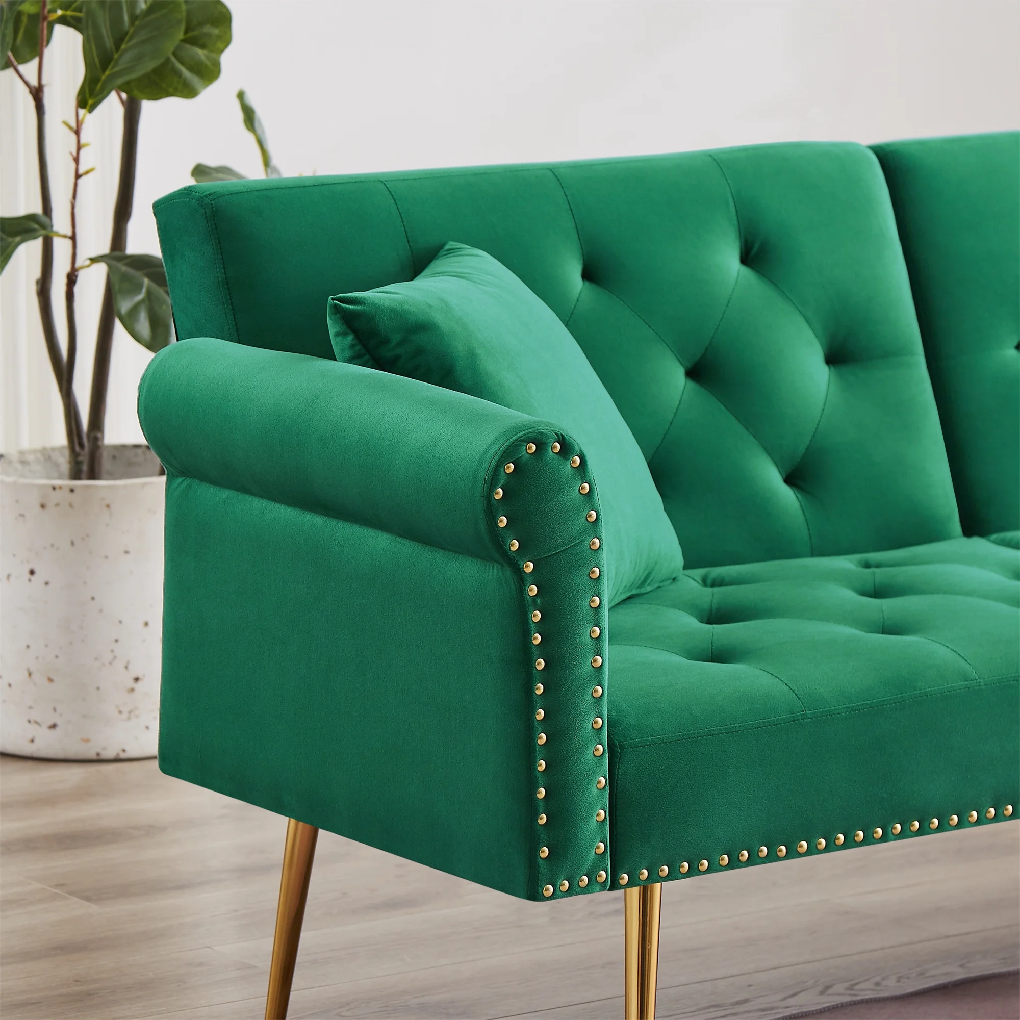 Convertible Futon Sofa Bed,Velvet Upholstered Nailhead Loveseat Sofa with Two Pillows,Modern Sleeper Couch Bed for Living Room,Bedroom,Green