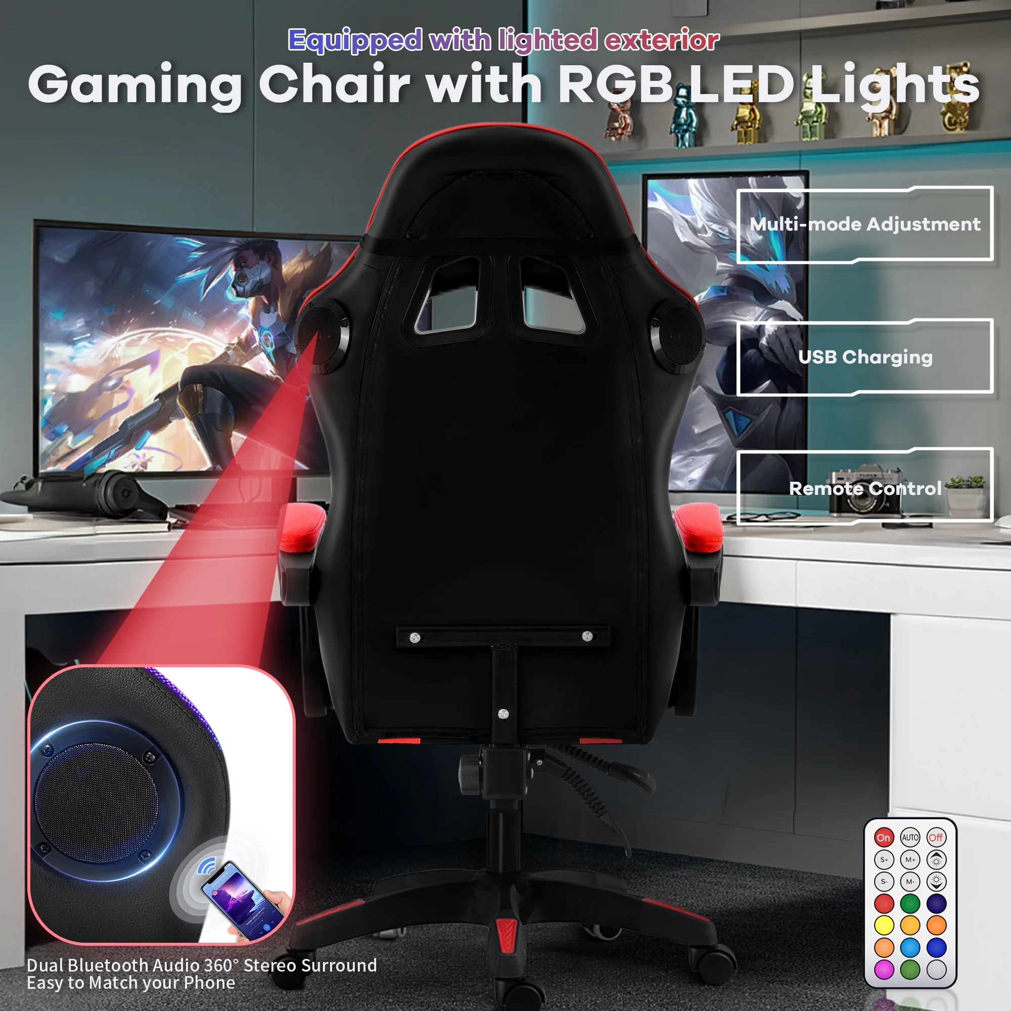 Ergonomic Gaming Chair, CHAHO Gaming Chair with Speaker & LED Lights, Computer Racing Chair for Adults, PU Leather Office Chair with Footrest Lumbar Support Headrest, Red