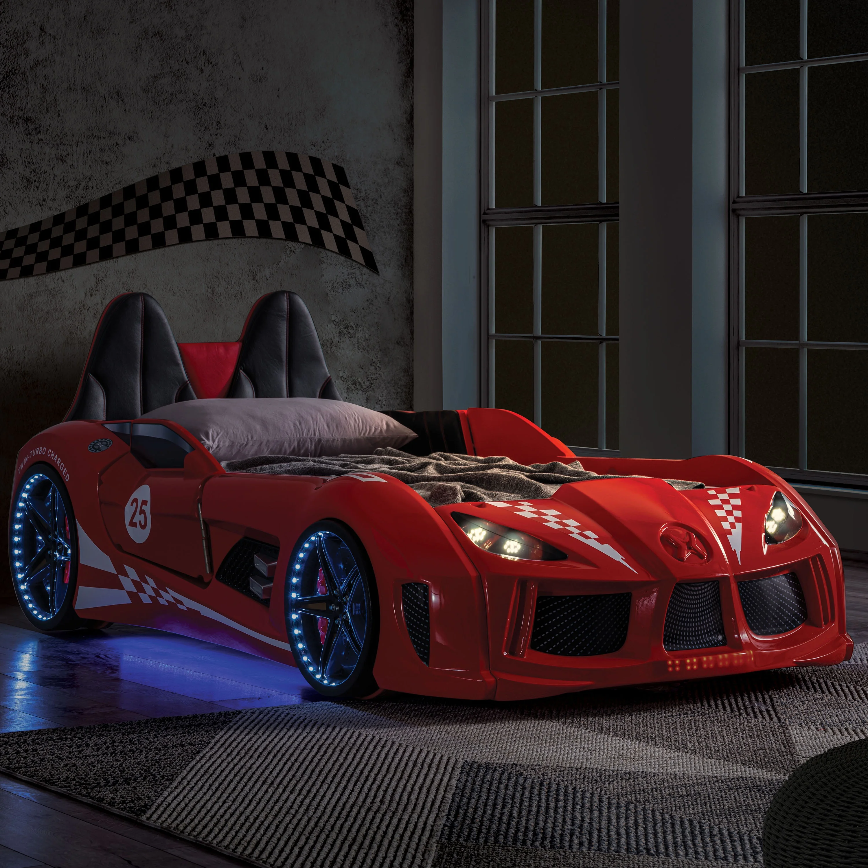 Furniture of America Dash Kids Plastic Twin Race Car Bed with LED and Sound, White