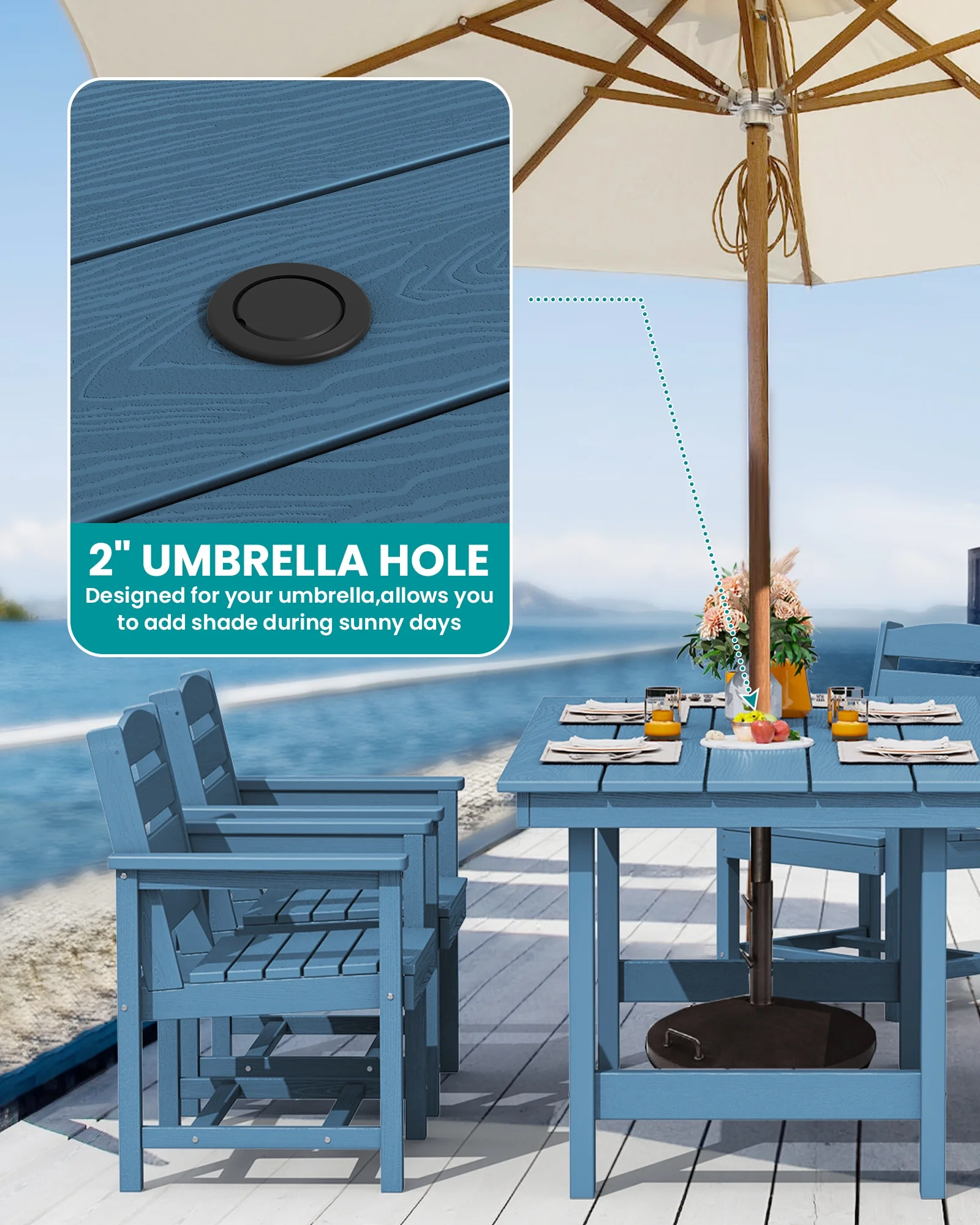 SERWALL Outdoor HDPE Dining Table Set, 7-Piece Outdoor Dining Table Sets with Umbrella Hole, Grey