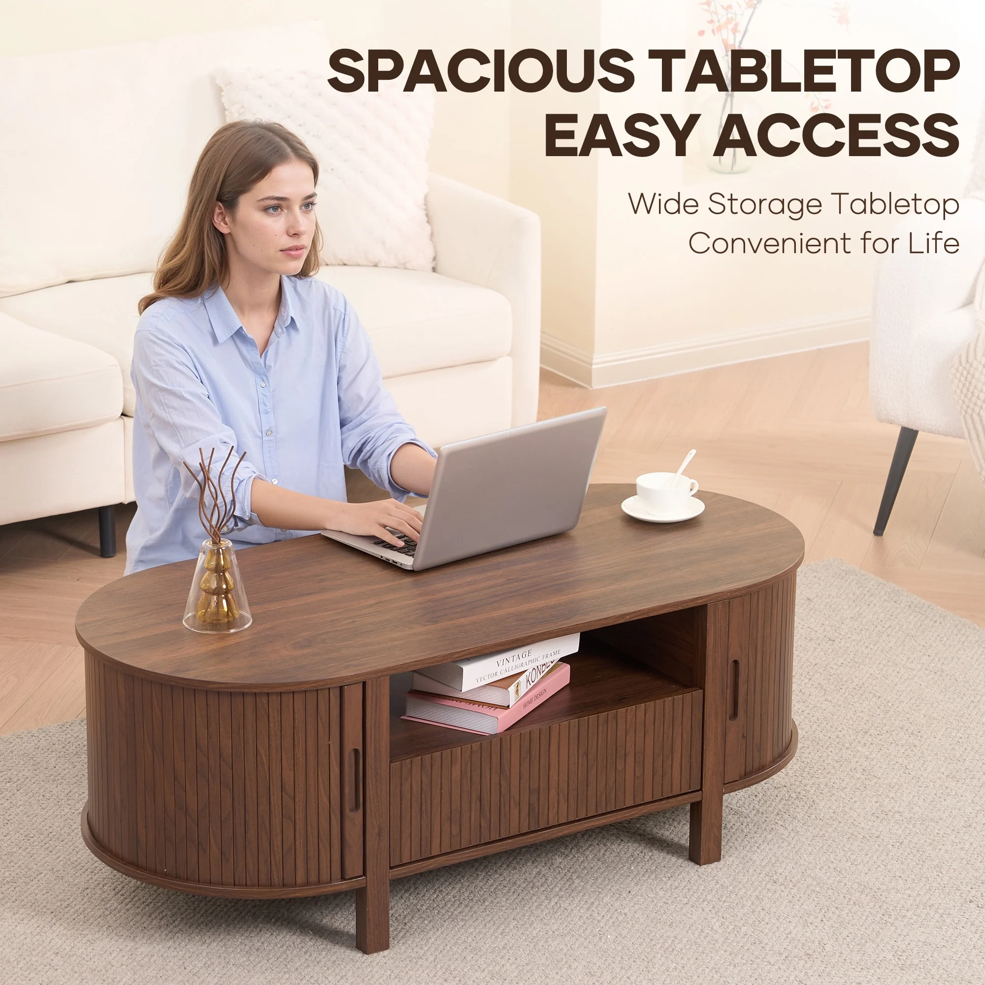 MARNUR Coffee Table with Storage, Tambour Sliding Door, Open Shelf, Mid Century Modern Center Table with Drawer for Living Room, Walnut