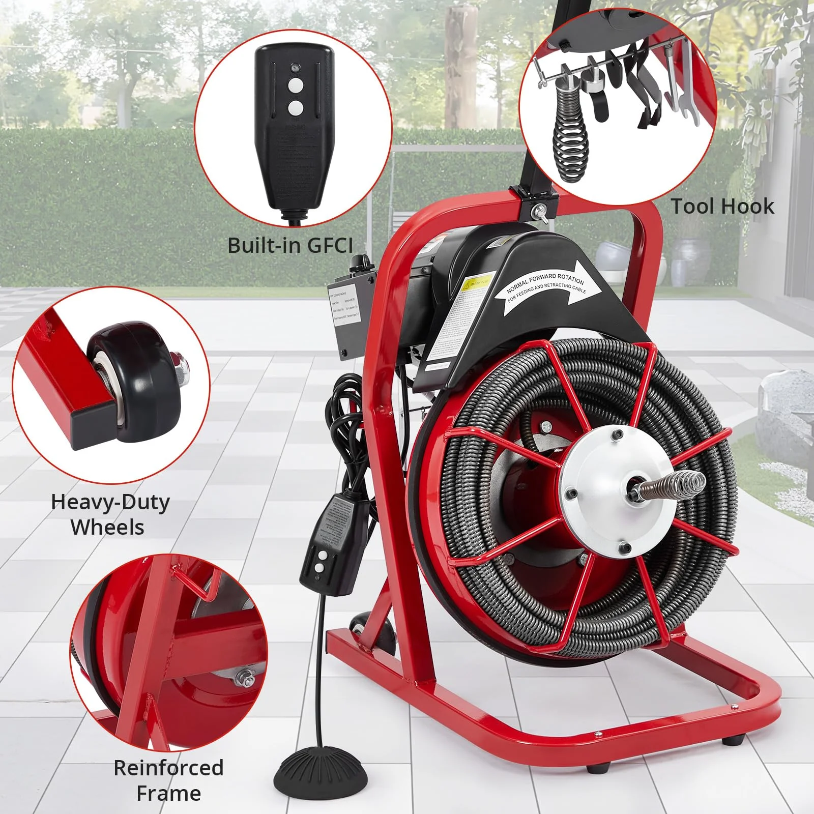 Electric Drain Cleaning Machine , Powerful Electric Auger, Sewer Snake with 4 Cutters, Air-Activated Foot Switch, and Wheels