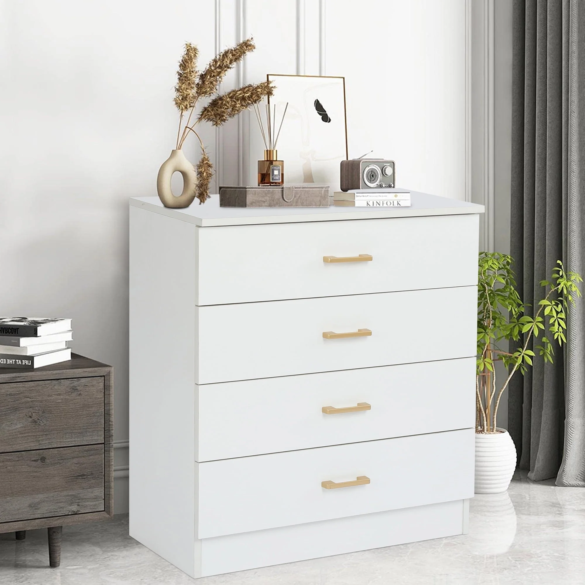 SESSLIFE Dresser for Bedroom, Wood 4 Drawer Dresser Storage Drawer, White Living Room Hallway Closets Drawer Chest, TE3079